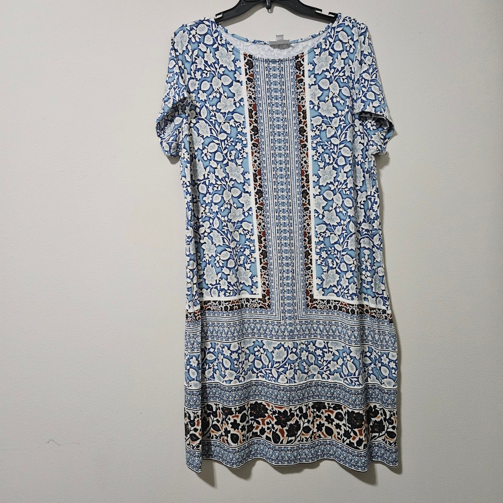 J. Jill Blue Floral Medallion Print Knit Shift Dress Womens Large‎ Short Sleeve